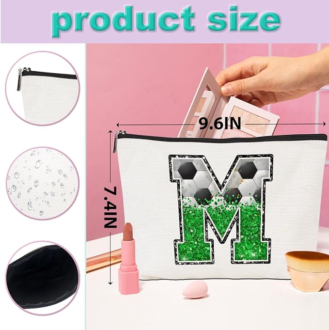 CQM Soccer Gifts Initial Makeup Bag Soccer Girl Gifts Cosmetic Bag Letter M