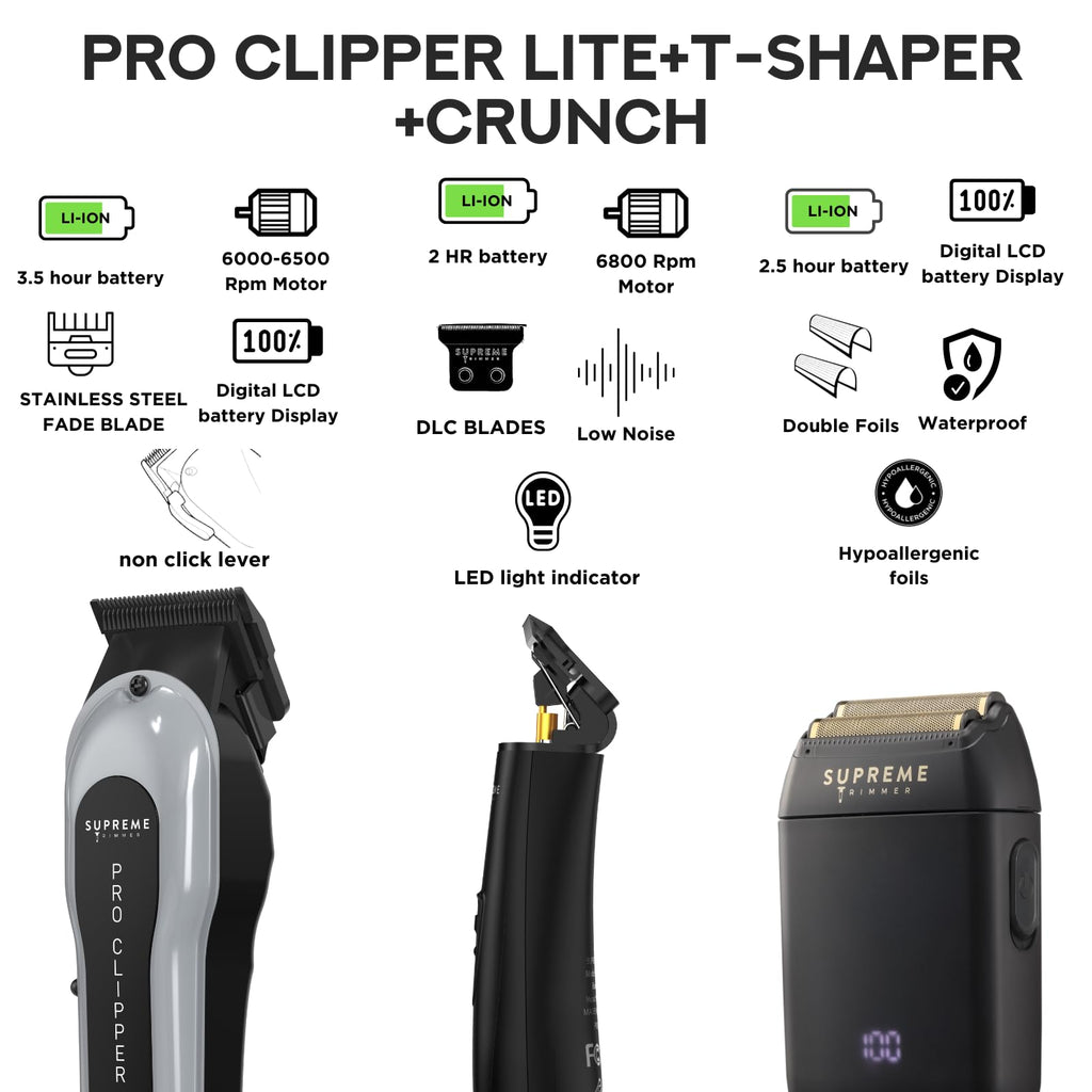 Supreme Trimmer 3-in-1 Barber Bundle | Pro Clipper Lite, DLC T-Shaper Trimmer & Crunch Foil Shaver | Professional Beard Trimmer Men’s Hair Clipper Kit | Black Lite Bundle