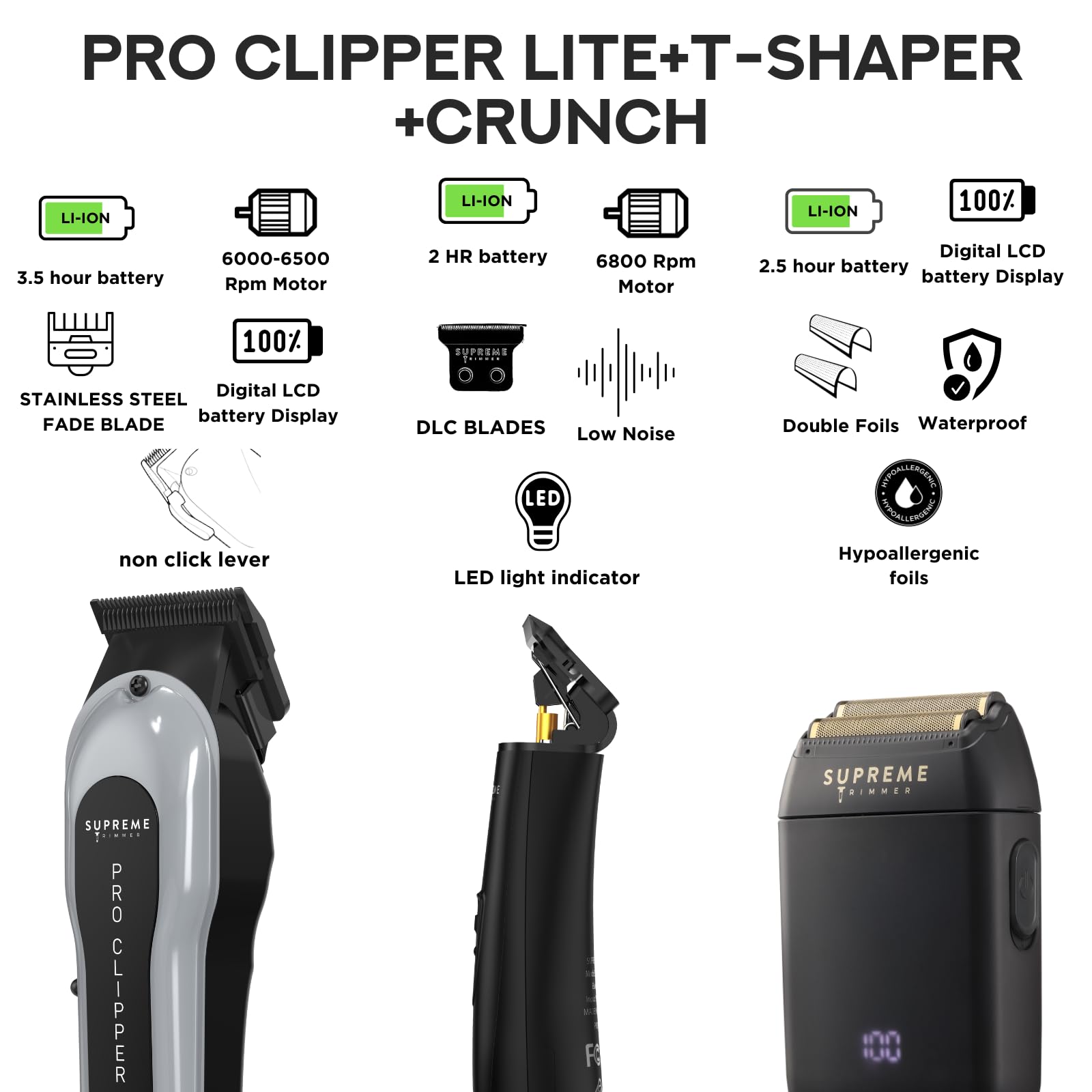 Supreme Trimmer 3-in-1 Barber Bundle | Pro Clipper Lite, DLC T-Shaper Trimmer & Crunch Foil Shaver | Professional Beard Trimmer Men’s Hair Clipper Kit | Black Lite Bundle
