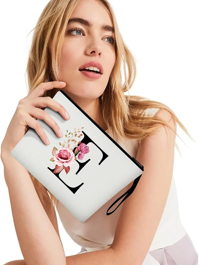 Vavabox A-Z Personalized Makeup Bag, Birthday Gifts for Women Mom, Gifts for Best Friend, Bride Bridesmaid Cosmetic bag (E, 01-White)