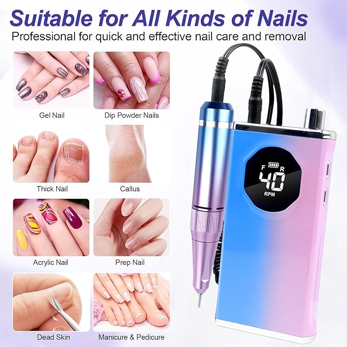 Melodly Electric Nail Drill Kit, Professional 40000 RPM Electric Nail File