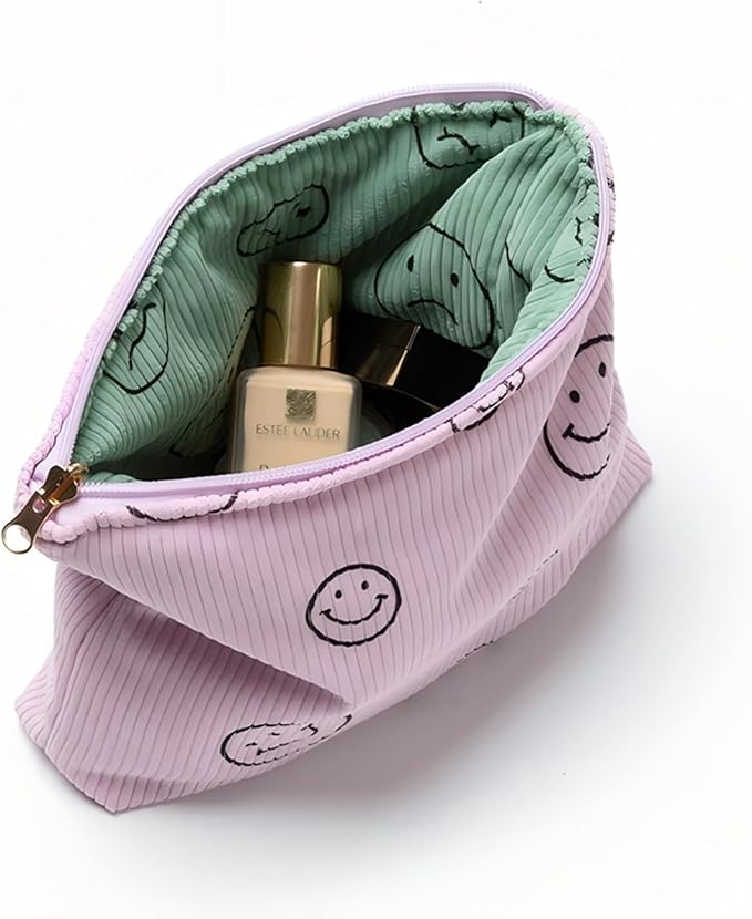 Gardsell Cosmetic Bags for Women - Corduroy Cosmetic Bag Aesthetic Women Handbags Purses Smile Dots Makeup Organizer Storage Makeup Bag Girls Case Bags (Double Purple Green)