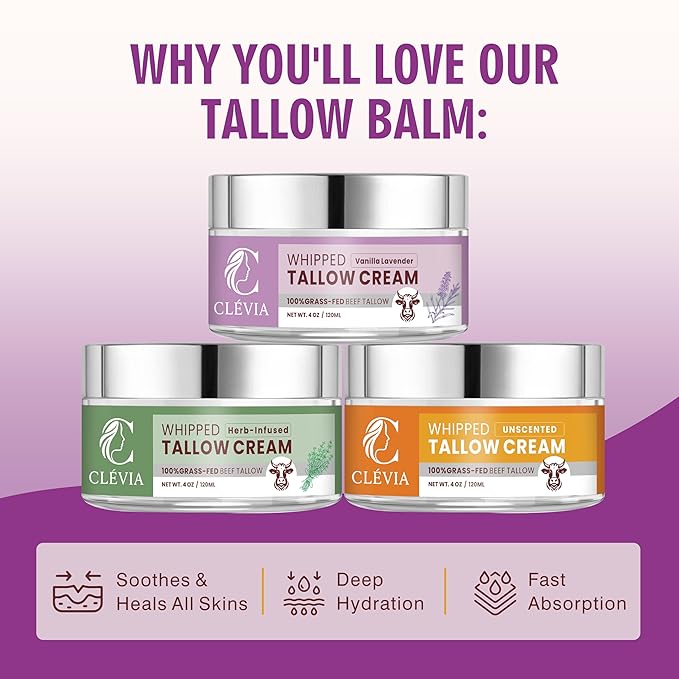 CLÉVIA 100% Grass-Fed Whipped Tallow Cream - 4 OZ Anti-Wrinkle Face and Body Balm with Jojoba Oil Non-Comedogenic - Deep Hydration for Dry, Sensitive and Irritated Skin (Vanilla Lavender)