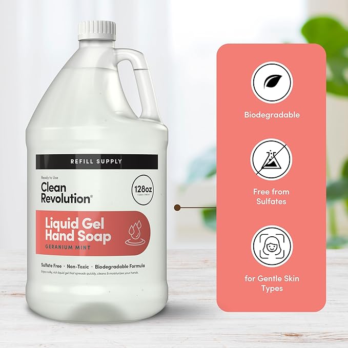 Clean Revolution Liquid Gel Hand Soap Refill with Real Essential Oils – Sulfate-Free Gel Hand Wash, Moisturizing Bulk Refill, Non-Toxic Formula, Made in the USA (Geranium Mint) 128 Fl Oz