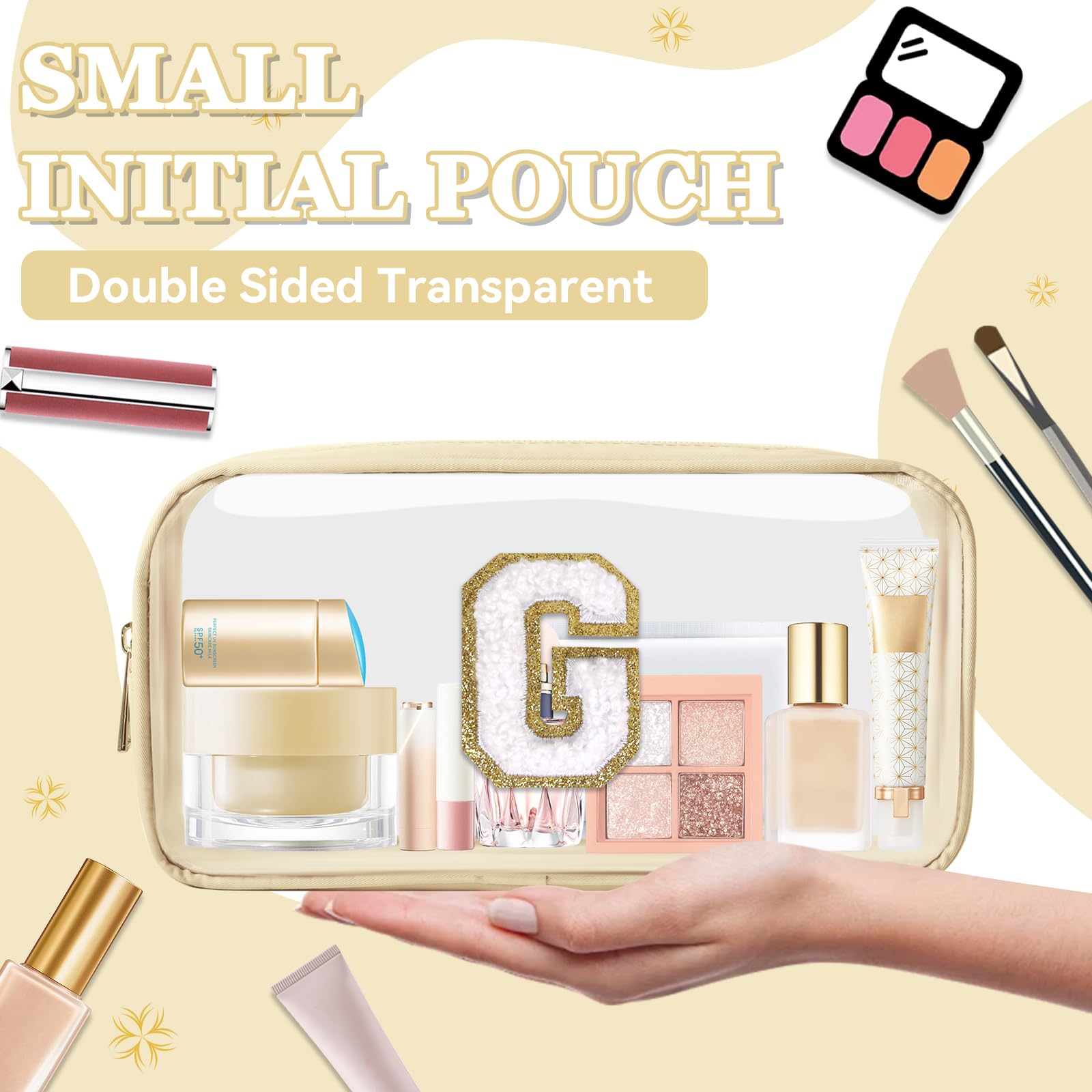 Small Clear Personalized Initial Makeup Bag,Nylon Preppy A-Z Chenille Letter Patch Cosmetic Pouch Beach Toiletry Bag,Waterproof Zipper Travel Purse Storage Bag Organizer for Women Girls(Beige-White G)