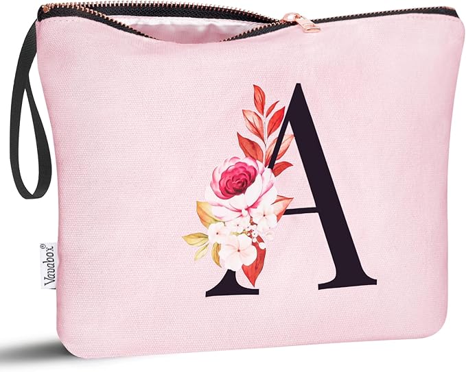 Vavabox A-Z Personalized Makeup Bag, Birthday Gifts for Women Mom, Gifts for Best Friend, Bride Bridesmaid Cosmetic bag (A, 06-Pink)