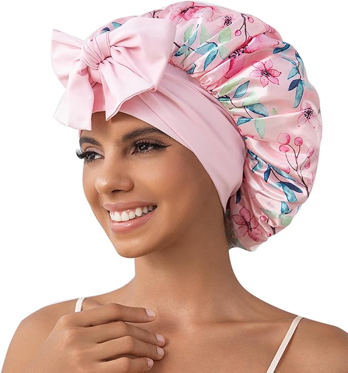 GDTOGRT Satin Silk Bonnet for Sleeping Women, Double Layer Sleep Hair Bonnets Caps for Curly Natural Hair with Tie Band - Pink Floral