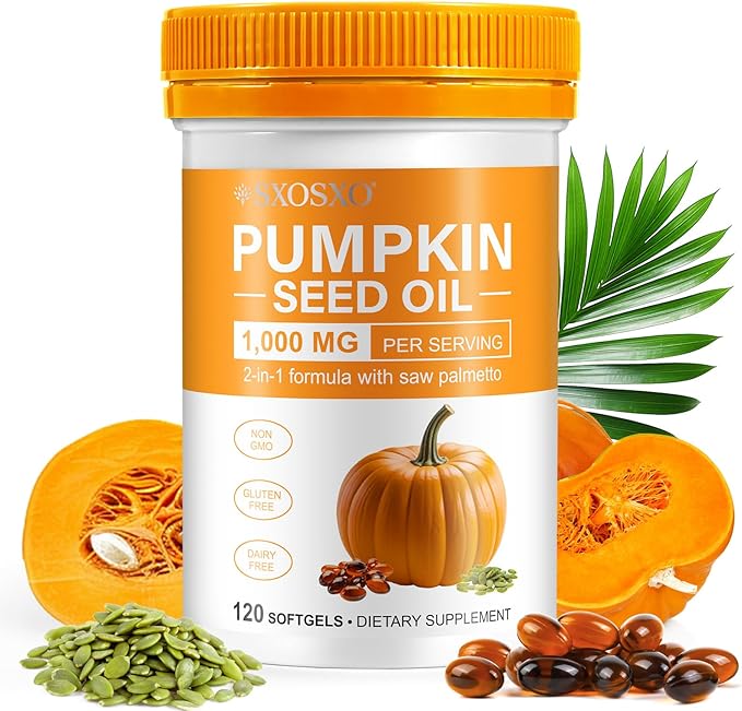 SXOSXO Pumpkin Seed Oil Capsules, 2-in-1 Formula with Saw Palmetto, Cold Pressed Virgin Oil for Hair Growth & Prostate Health, Rich in Essential Fatty Acids & Phytosterols, Non-GMO, 100 Softgels