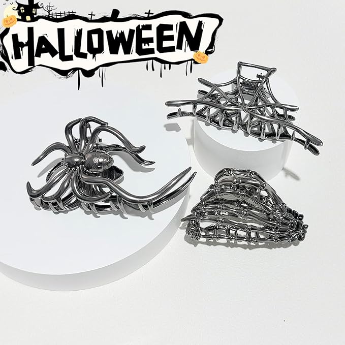 Parcce 3 Pieces Large Metal Spider Net Hand Hair Claw Clips for Women and Girls Thick Long Hair, Nonslip Skeleton Spooky Barrette Headband Hair Styling Accessories for Halloween