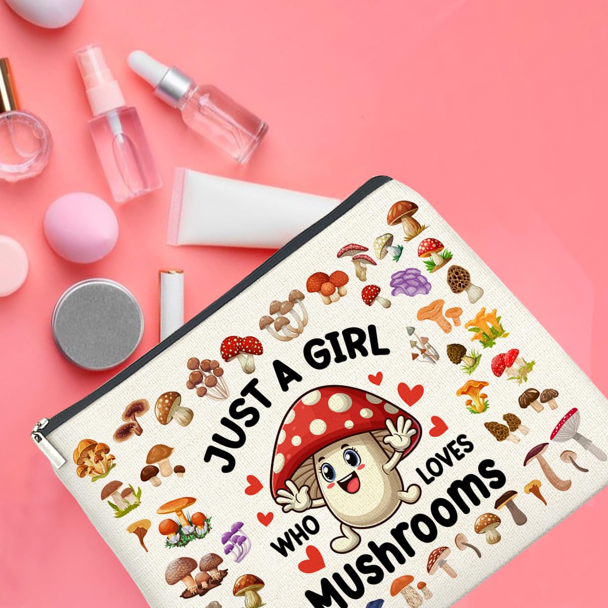 UPNEGE Mushroom Gifts Makeup Bag Mushroom Gifts for Women Teen Girls Sister Friend, Mushroom Lovers Gifts, Just a Girl Who Loves Mushrooms Zipper Makeup Pouch