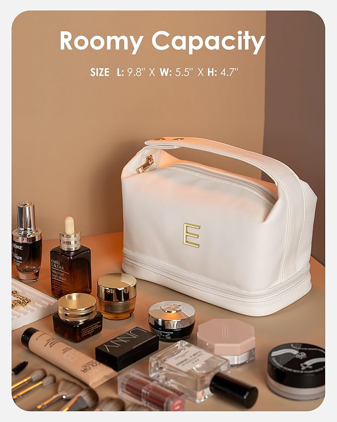 Personalized Friend Gifts, Initial Large Makeup Bag, Personalized Double Layer Cosmetic Bag with Makeup Brush Organizer, Waterproof, Large Capacity PU Leather Toiletry Bag，Teacher Gifts