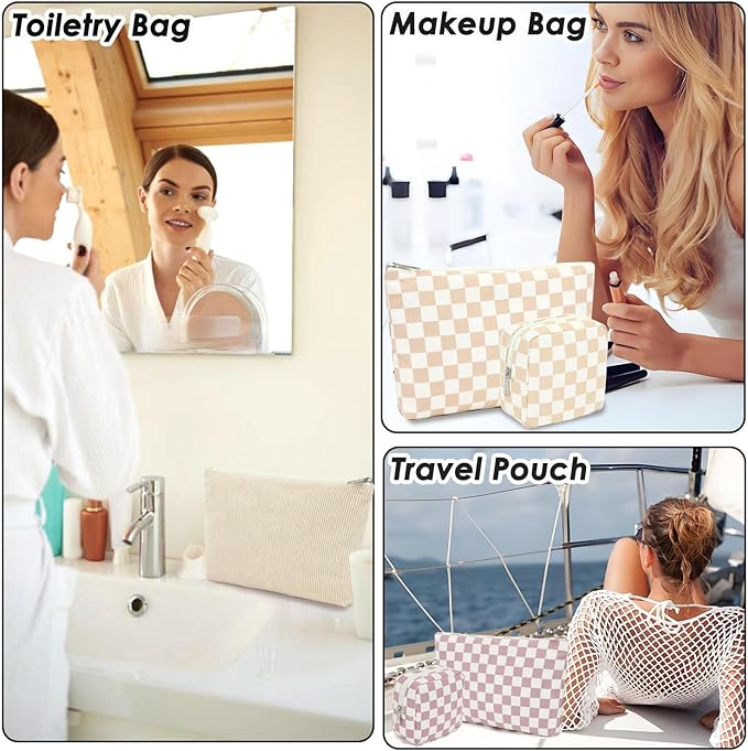 Fammart Checkered Makeup Bag, Travel Cosmetic Bag Organizer Toiletry Bag Make Up Bags with Zipper & Compartments for Women Girls, 2PCS