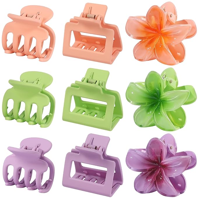 Hair Clips for Women 9 Pack Medium Claw Clips, No Slip Strong Hold Hair Clips for Thick & Thin Hair, Flower Square Aesthetic Styles for Everyday Styling, Trendy Hair Accessories (Purple)