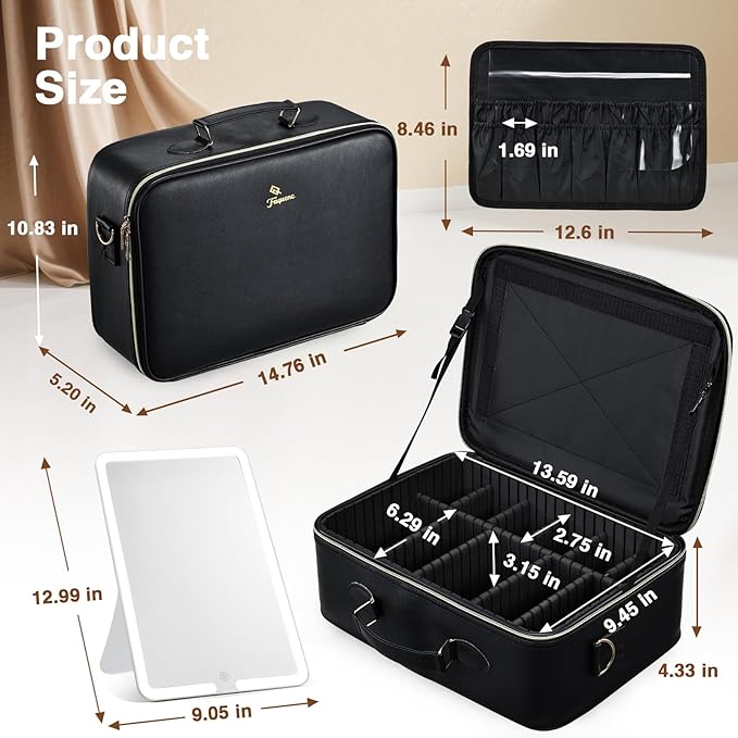 Faquenc Large Makeup Bag with LED Mirror,15”Cosmetic Train Case for Makeup Artists,Travel Makeup Organizer Case w Divider Rechargeable Vanity Mirror with 3 Color Lights for Barber,MUA,Nail Tech, Black
