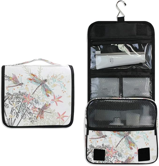 senya Hanging Travel Toiletry Bag Hippo Swimming Kit Makeup Case Cosmetics Organizer for Men Women (Flowers And Dragonfly)