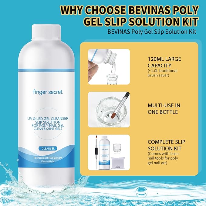BEVINAS Slip Solution 4 Fl.Oz Nail Extension Gel Cleanser with Brush & Spatula - Easy DIY Poly Gel Nail Cleaner