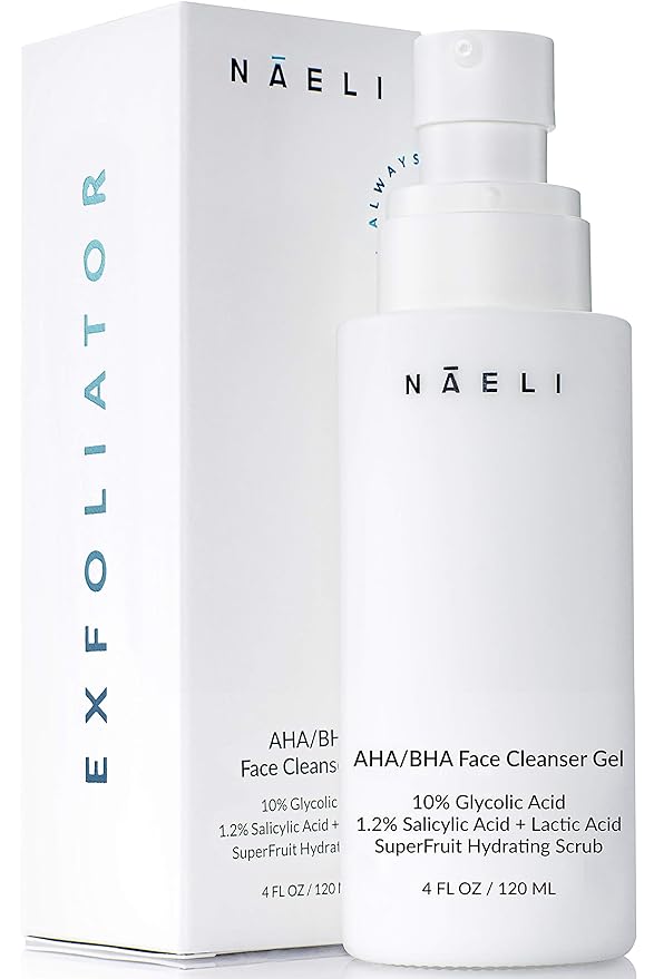 NAELI AHA/BHA Exfoliating Face Wash - 10% Glycolic Acid & Salicylic Acid Cleanser, Anti Aging Acne & Wrinkle Reducing Facial Exfoliant, Pore Minimizer & Brightening Gel