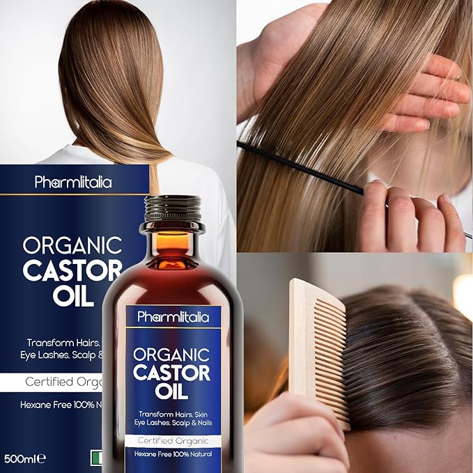 Pharmlitalia Caster Oil Organic Cold Pressed Unrefined Glass Bottle - Organic Golden Castor Oil for Face, Scalp, Eyelashes, Skin Care and Nails - Aceite De Castor Organico Puro - 500ml