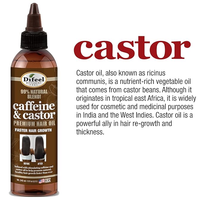 Difeel Caffeine & Castor Hair Oil Blend for Thicker, Fuller-Looking Hair 8 oz. - Nourishing Scalp & Hair Oil Treatment, Strengthens Moisture Retention