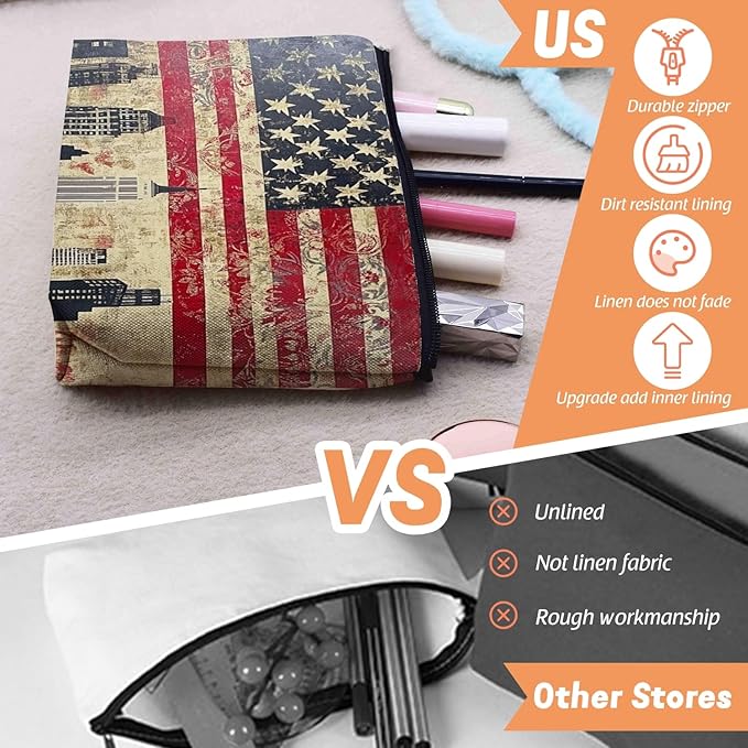 Scribesense Cosmetic Bags Travel Makeup Toilet Case Waterproof Pouch for Women Girls 6.7X9.45inches - American Flag And Urban Skyline Fusion