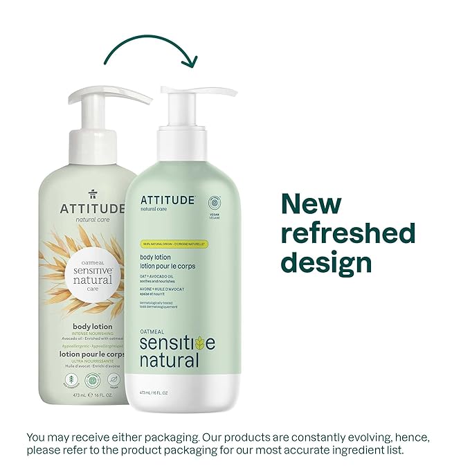 ATTITUDE Sensitive Skin Body Lotion, Soothing Oat Formula, Hydrating Care for Dry Skin, EWG Verified, Dermatologically Tested, Vegan, Fresh Apple Scent, 16 Fl Oz