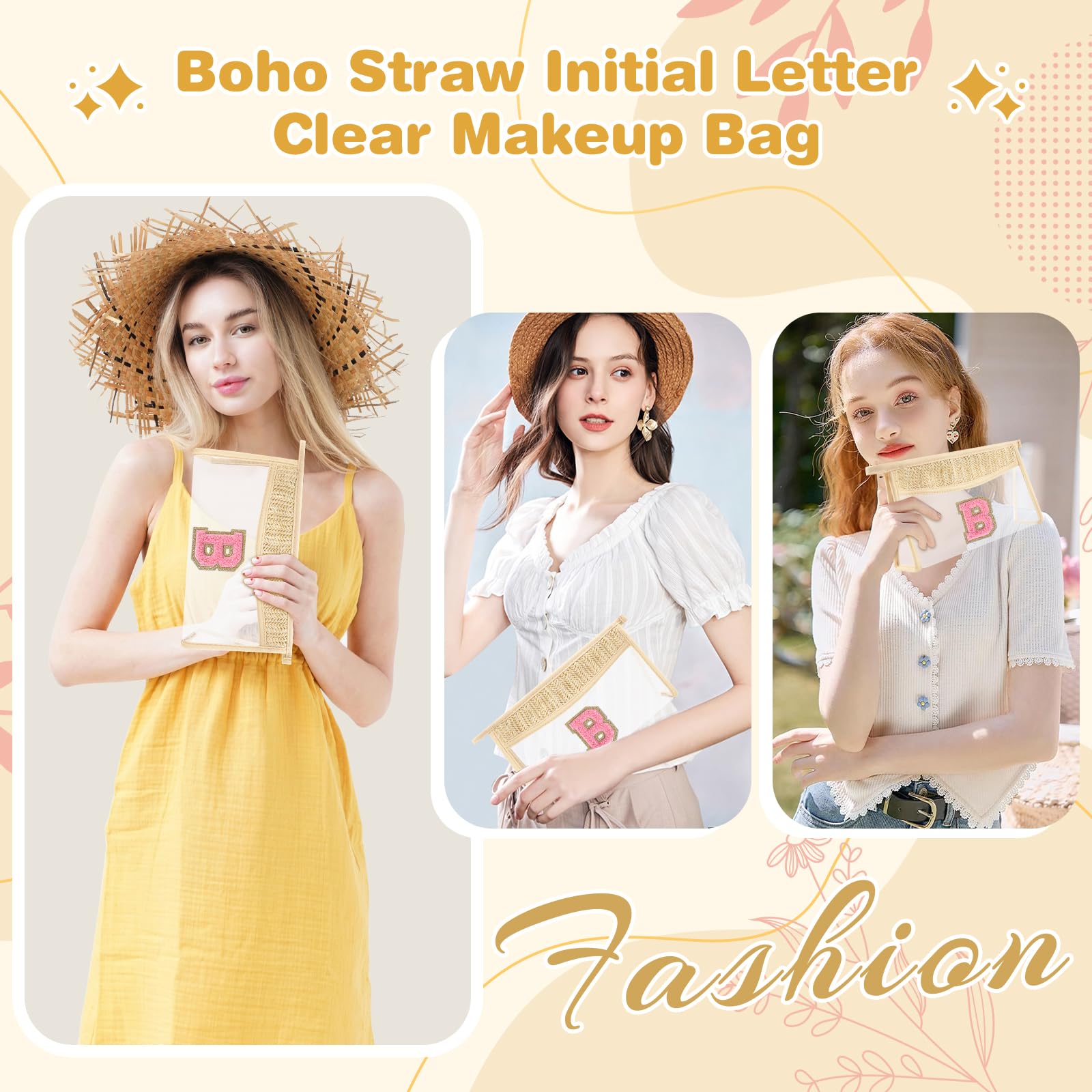 Small Boho Straw Initial Letter Makeup Bag Personalized Gift,Cute Clear Chenille Patch Makeup Bag With Zipper,Trendy TSA Approved Travel Toiletry Bag,Gift for Women Girls Birthday Friend, Letter B