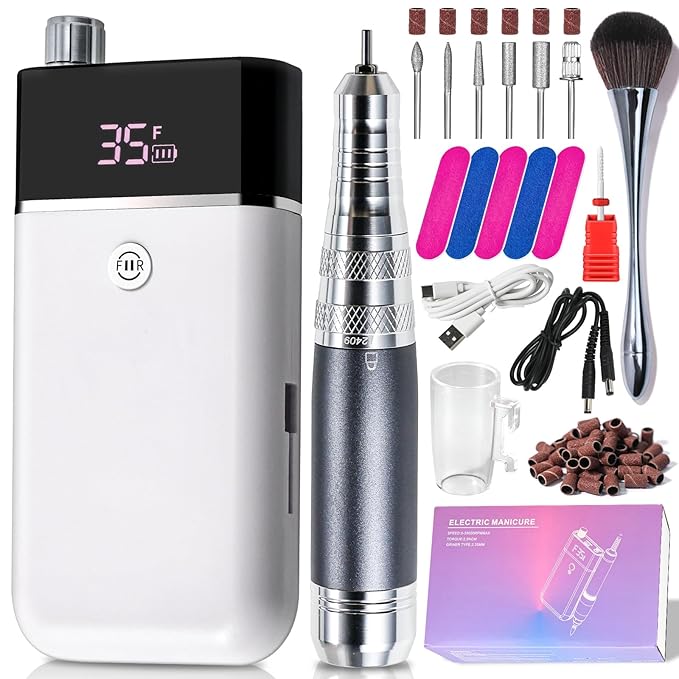 Moskany Professional Electric Nail Drill Kit White Portable Rechargeable Cordless Nail File Machine 35000 RPM with 7PCS Bits for Acrylic Gel Powder Nails Polish Pedicure Toenail Tool Salon Set