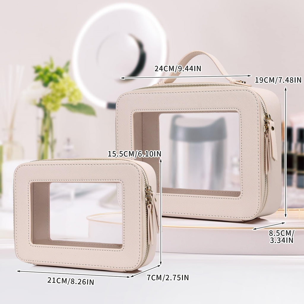 Pinkmik Clear Makeup Bag for Women Waterproof Travel Cosmetics and Toiletries Case Portable Makeup Oaganizer Bag Clear Car Bag with Zipper (Beige, M+L)
