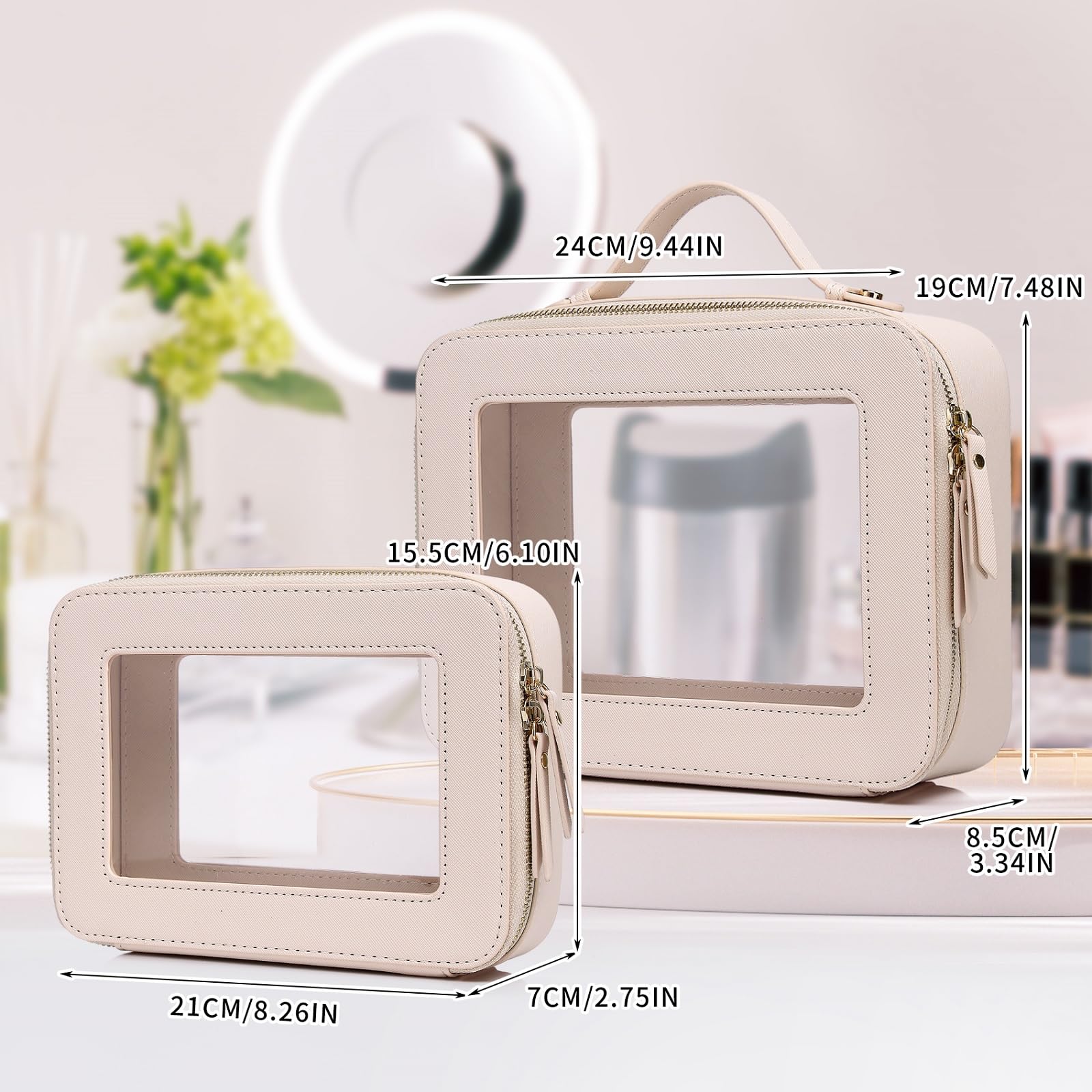 Pinkmik Clear Makeup Bag for Women Waterproof Travel Cosmetics and Toiletries Case Portable Makeup Oaganizer Bag Clear Car Bag with Zipper (Beige, M+L)