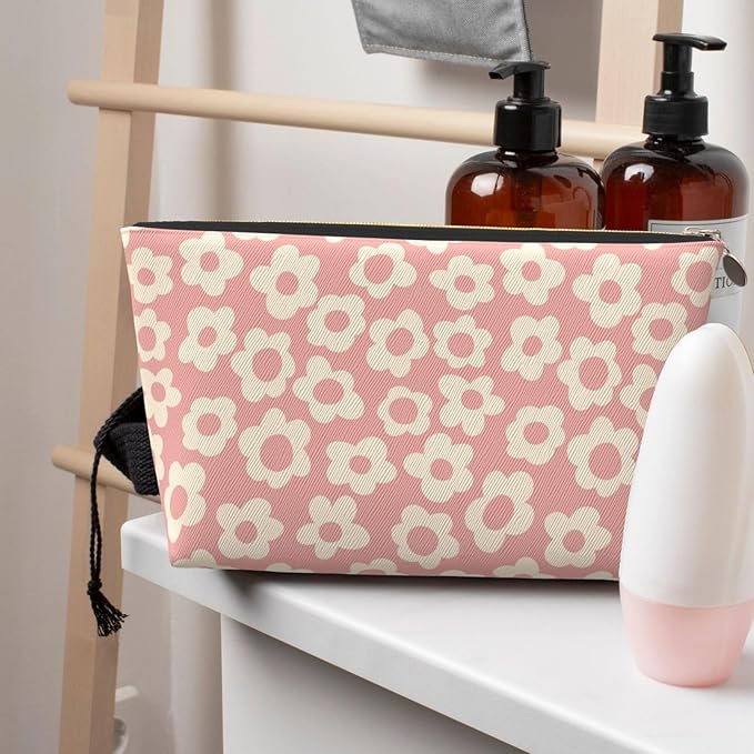 BEIANSHUO Vintage Pink Flower Small Makeup Bag for Women - Leather Travel Cosmetic Bag Make Up Pouch Mini Travel Zipper Pouch - Makeup Organizer Bag