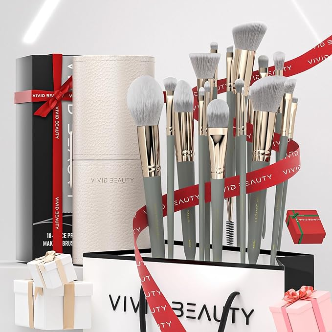 Vivid Beauty Makeup Brush Set, 18 Pcs Make up Brushes for Face and Eye with Travel Case – Natural Wood Handles – Unique Pointed Design, Makeup Brushes for Professional & Beginner Makeup Lovers (Gray)