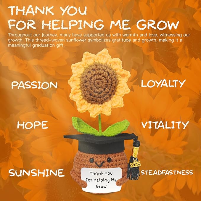Lanpul Crochet Sunflower Graduation Pot, Handmade Teacher Appreciation Gift, Sunflower Yellow, 6.7 x 3.9 Inches, Indoor