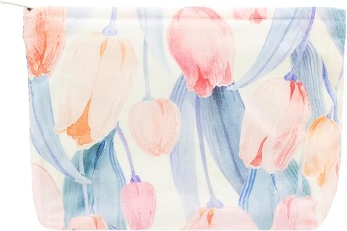 Flat Makeup Bag for Women,Zipper Cosmetic Pouch for Purse,Tulips Pink