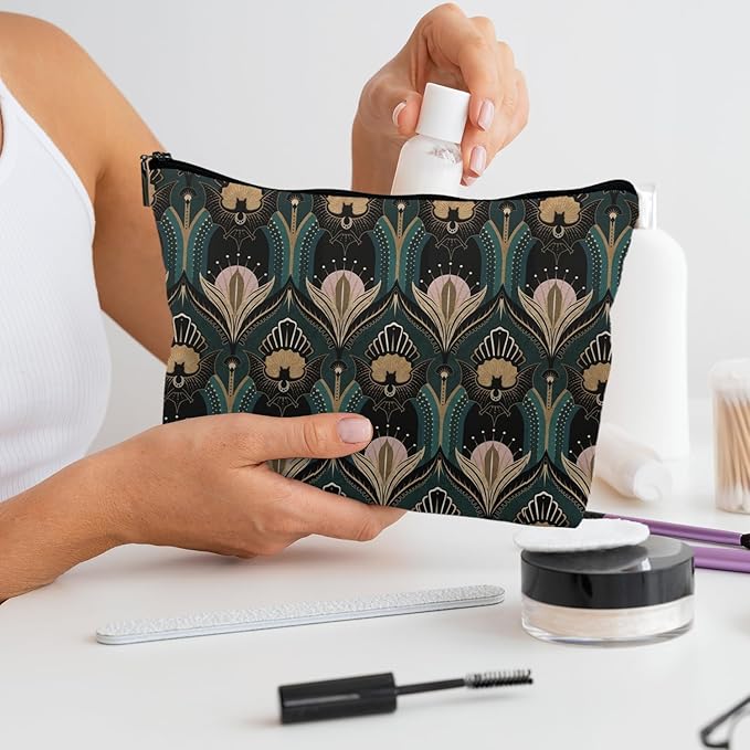 RYYCDOI Witchy Makeup Bag, Witch Stuff, Vintage 1920s Bats and Flowers Aesthetic Cosmetic Bags Toiletry Bag for Women, Goth Makeup Bag(PU)