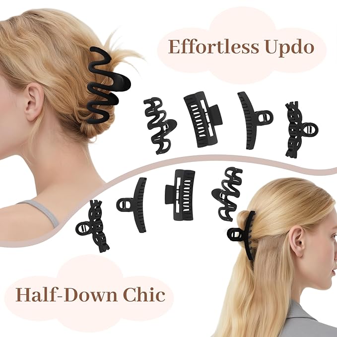 Matte Non-Slip Large Hair Clips for Women 8PCS (All Black)