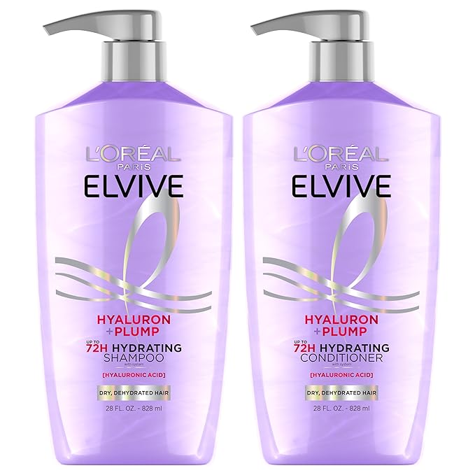 L'Oreal Paris Elvive Hyaluron Plump Shampoo and Conditioner Set for Dry, Dehydrated Hair, 72H Hydrating Hair Care, Infused with Hyaluronic Acid Complex, 53 Fl Oz Set