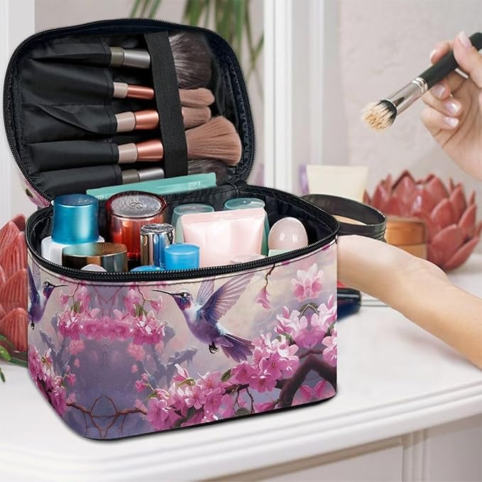 Drydeepin Hummingbird and Pink Flowers Print Travel Makeup Bags for Women Portable Tote Cosmetic Case with Carry Handle Toiletry Accessories Storage Organizer Bags