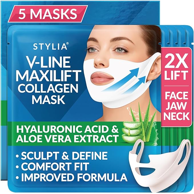 Stylia MaxiLift V-Line Lifting Collagen Face Mask - Double Chin Strap - Jawline Shaper - Neck Firming and Tightening Mask with Hyaluronic Acid & Aloe Vera - Chin Strap for Sleeping (5PC)