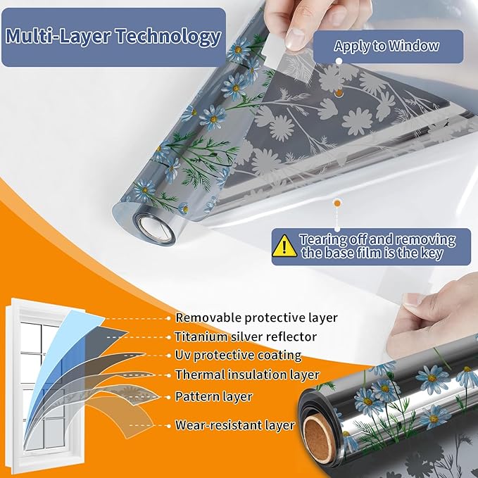 QHYsunshine One Way Privacy Film, Window Tint for Home,Daytime Reflective, Anti UV Static Cling Sliding Door Coverings No Glue Garage Solar Paper (Silver -Daisy, 45.27 x 78.7 in)