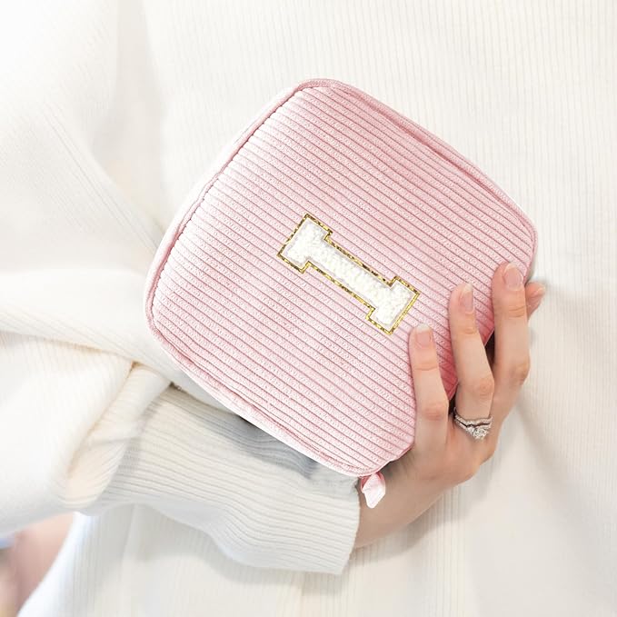 Cute Monogram Personalized Initial Makeup Bag - Pink Cosmetic Pouch - Friendship Sister Teacher Gifts (Letter I, Pink)