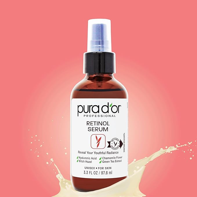 PURA D'OR Retinol Serum Facial Skincare – 3.3 oz Overnight Treatment w/Aloe, Botanical Extracts, Lightweight Fast-Absorbing Hydration for Smoother-Looking Texture, Tone, Radiance, Ayurvedic Skin Care