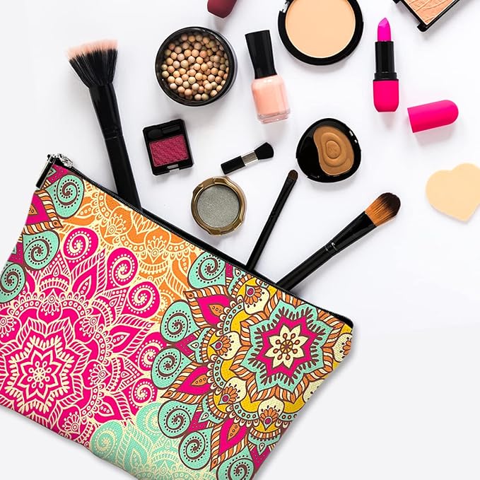Givotin Cute Makeup Bag for Purse Canvas Waterproof Funny Cosmetic Bags for Women Zipper Travel Toiletry Pouch-Boho Flower Makeup Bags