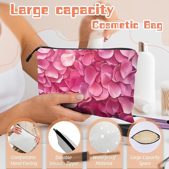 Scribesense Cosmetic Bags Travel Makeup Toilet Case Waterproof Pouch for Women Girls 6.7X9.45inches - Pink Petals in A Layered Composition