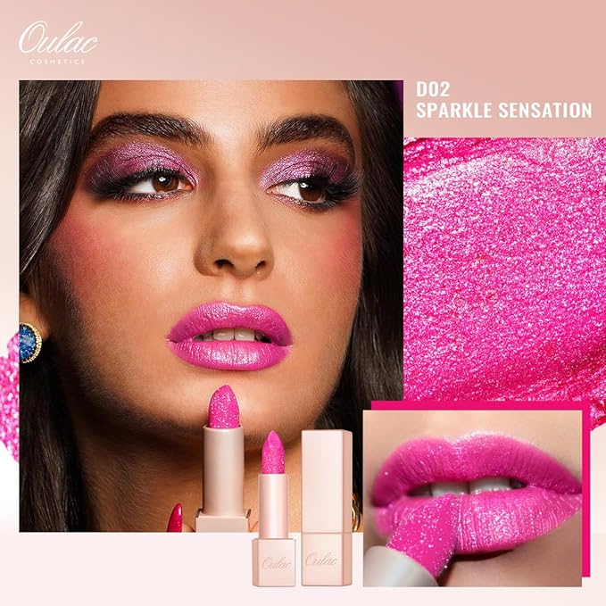 Oulac Warm Pink Shimmer Lipstick, Sparkle Lip Color, Vegan Makeup