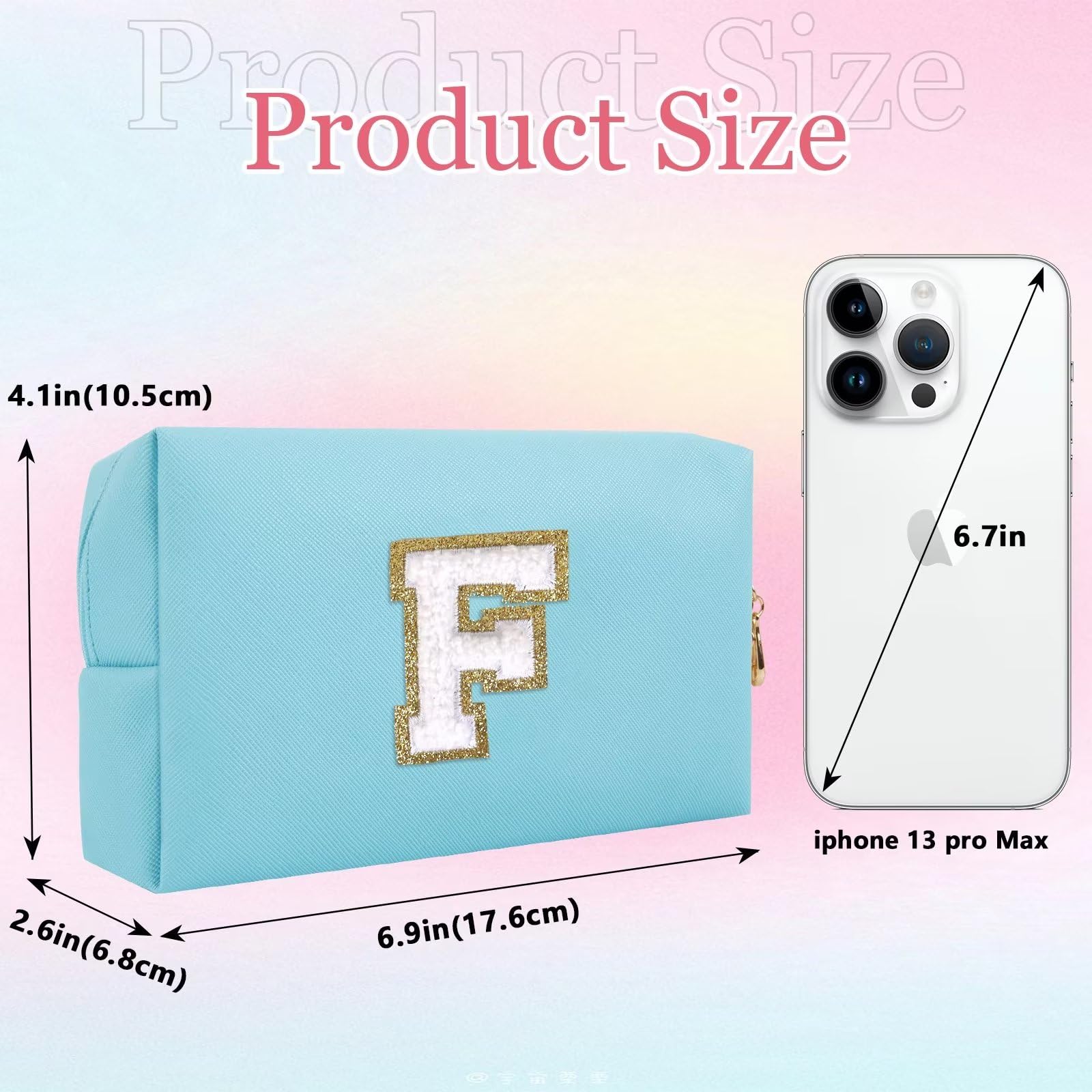 HENGNI Small Personalized Letter Makeup Bag, Cute PU Leather Chenille Letters Cosmetic Bag Travel Makeup Pouch, Preppy Travel Organizer Zipper Pouch for Women&Girls（Blue-F）