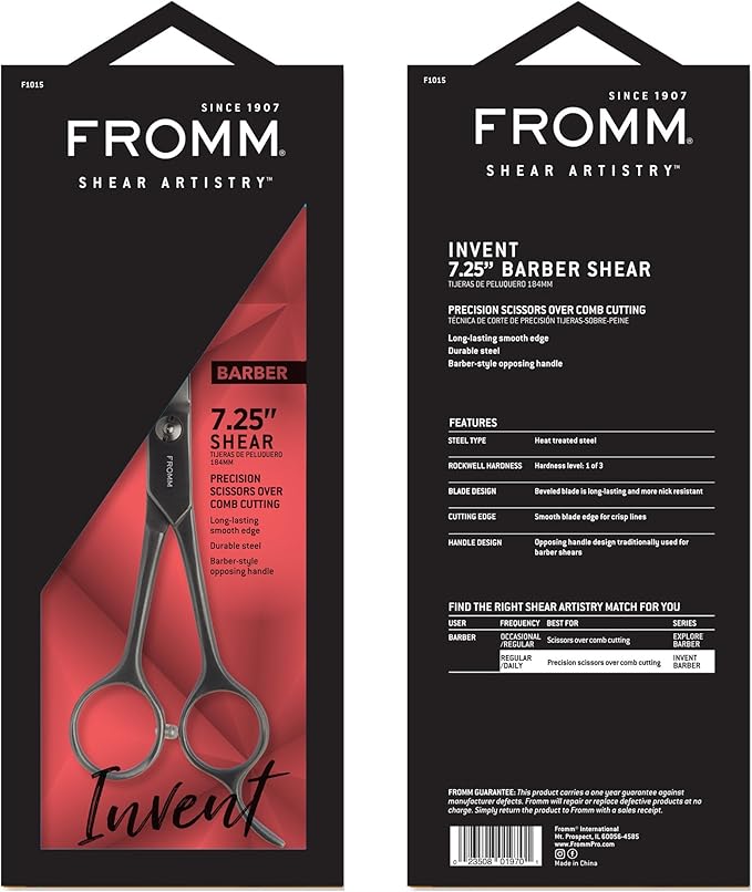 Fromm Professional Invent 7.25" Precision Scissors Over Comb Cutting Barber Shears in Gunmetal Heat Treated Steel Scissors with Opposing Handle, Beveled Blade, Smooth Edge for Crisp Lines