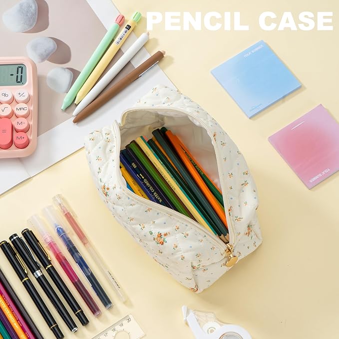 UUYUUY Makeup Bag Travel Toiletry Bag for Women, Small Cosmetic Bags Cute Quilted Cotton Makeup Pouch for Purse Emergency Bag Floral Pencil Case Accessory Bag, Orange Floral