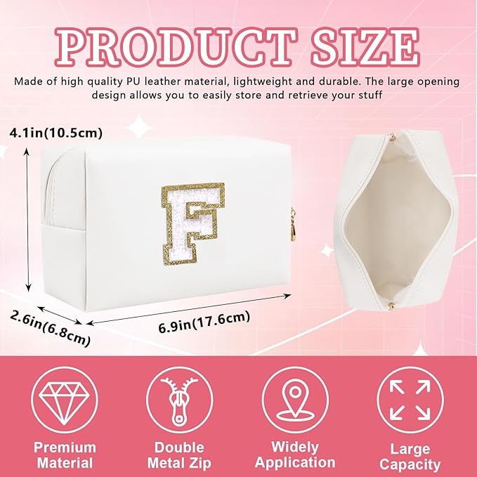 Personalized Initial Letter Patch Makeup Bag, Preppy Portable Chenille Letter Cosmetic Bag with Zipper, PU Leather Waterproof Travel Toiletry Bag Monogram Make Up Pouch for Women Girls(Letter F)