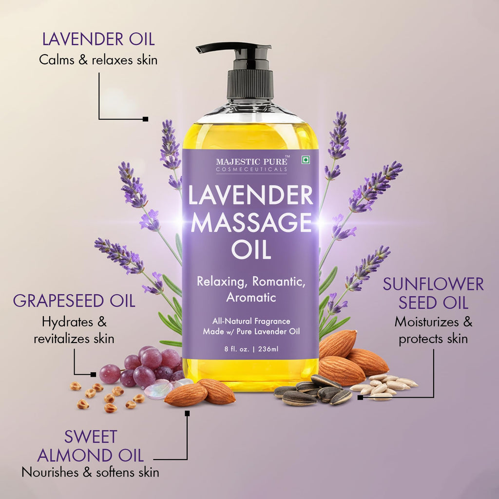 MAJESTIC PURE Lavender Massage Oil for Massage Therapy - Refreshing, and Relaxing - Natural Oils with Lavender Essential Oil - for All Skin Types - Men and Women Massage Lotion - 8 fl oz