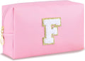 URSKYTOUS Initial Makeup Bag Personalized Preppy Travel Small Cosmetic Bag Cute PU Pink Chenille Letter Makeup Pouch for Purse Waterproof Zippered Toiletry Organizer for Women Girls Kids Friends (F)